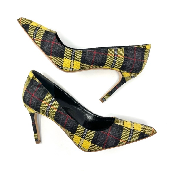 Manolo Blahnik BB Yellow Black Plaid Tartan Pointed Toe Heels Pumps Shoes 39 9 - Picture 5 of 10